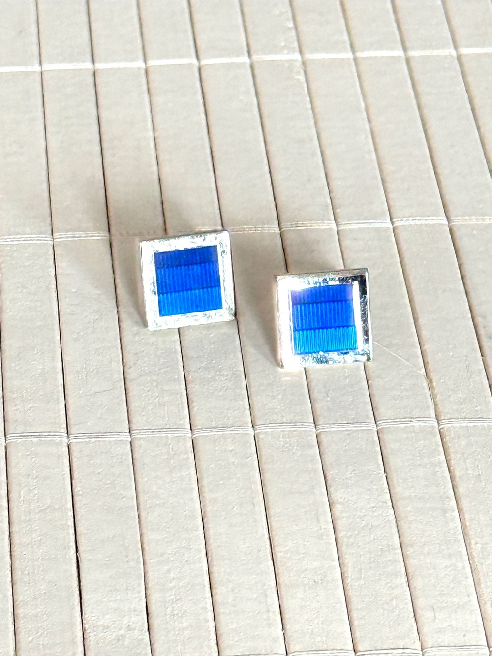 Vintage Three-Tone Blue Cufflinks Cuff Links Silver Tone Square Textured Design